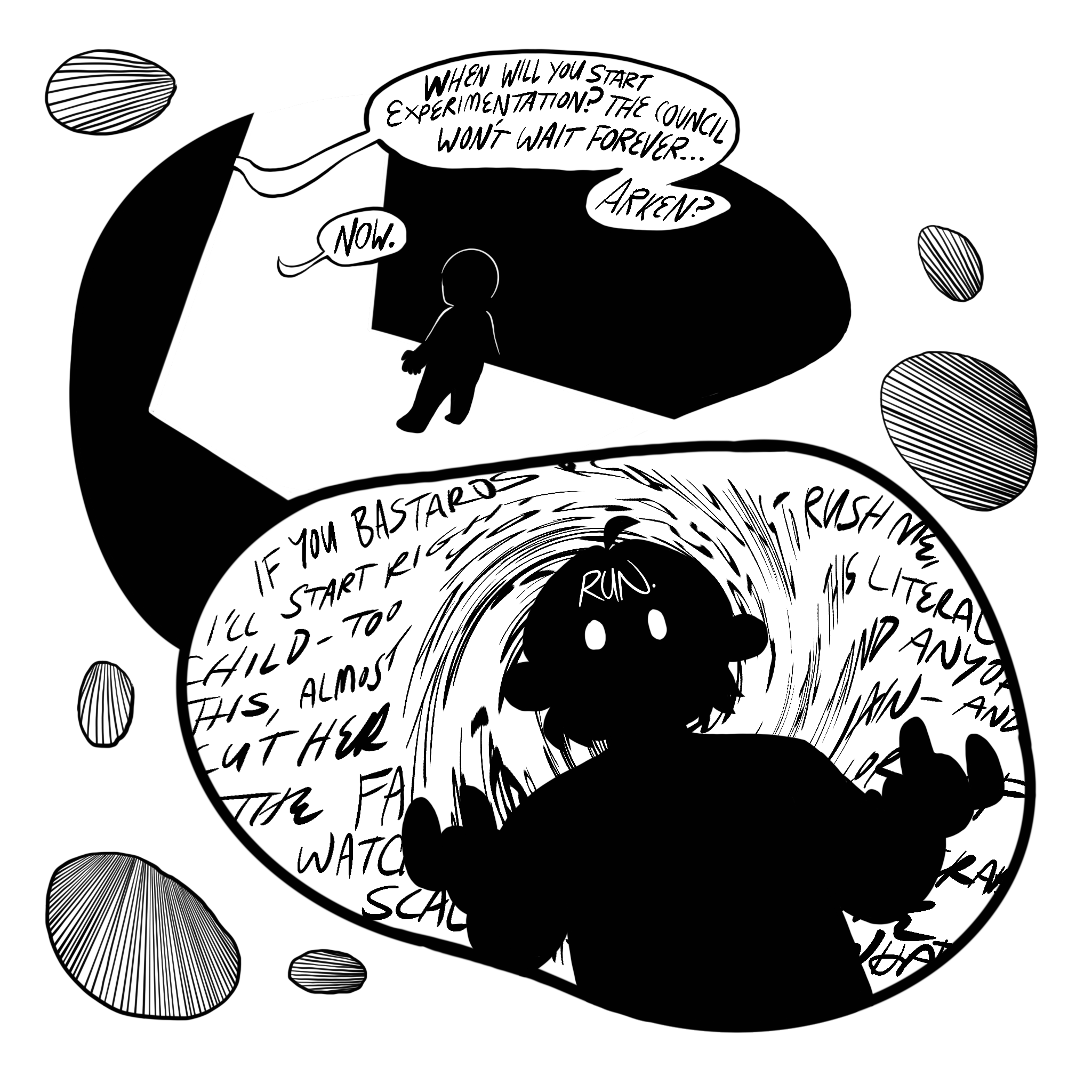 We are inside Anikai's memories. A much smaller version of Anikai is listening intently to a discussion about experimentation that takes place outside of the panel. In the second panel, a voice in her head tells her to run while the background displays an angry, distorted rant.