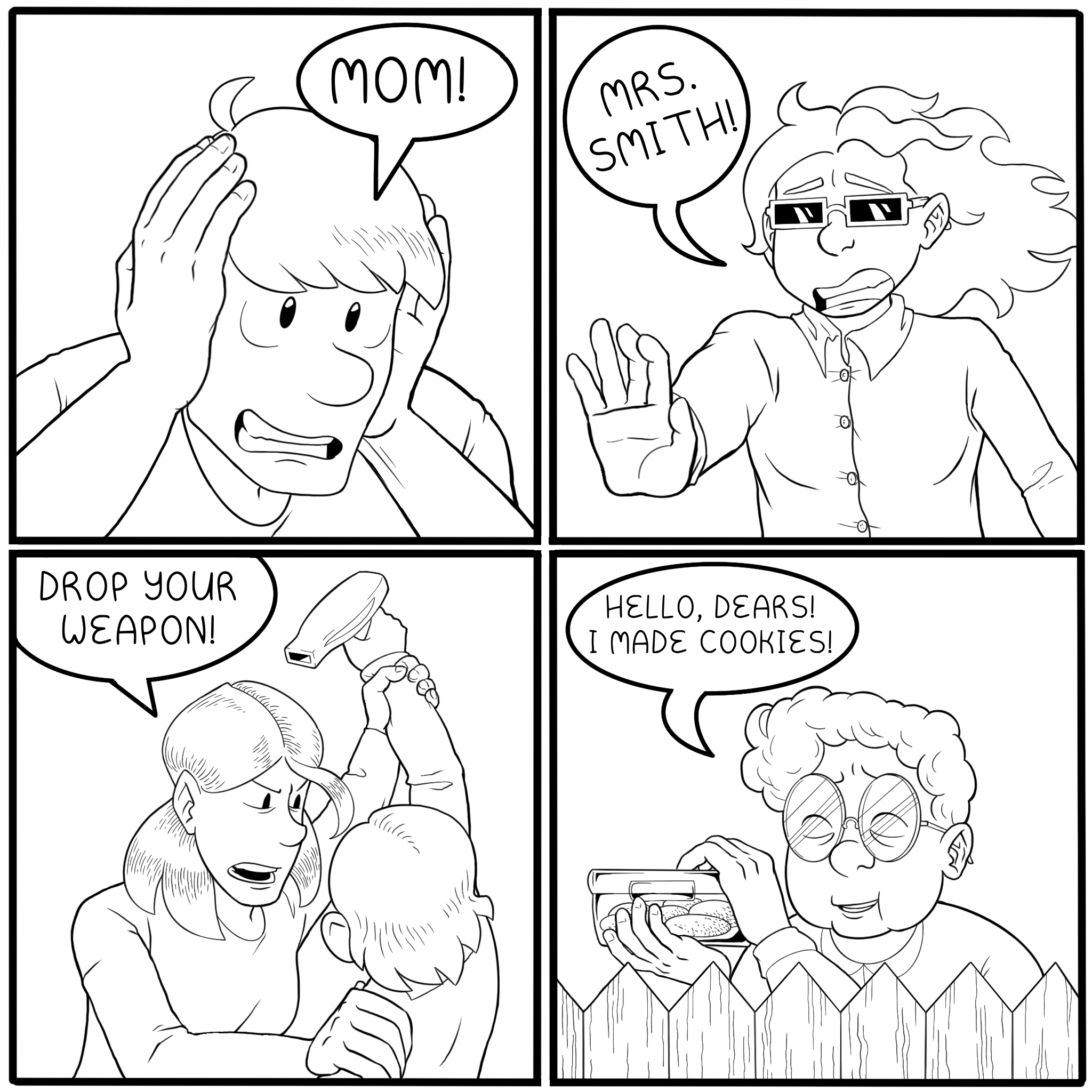 Simon and co. are all losing their minds. An elderly neighbor suddenly peeks over the nearby fence to let them know she made cookies.