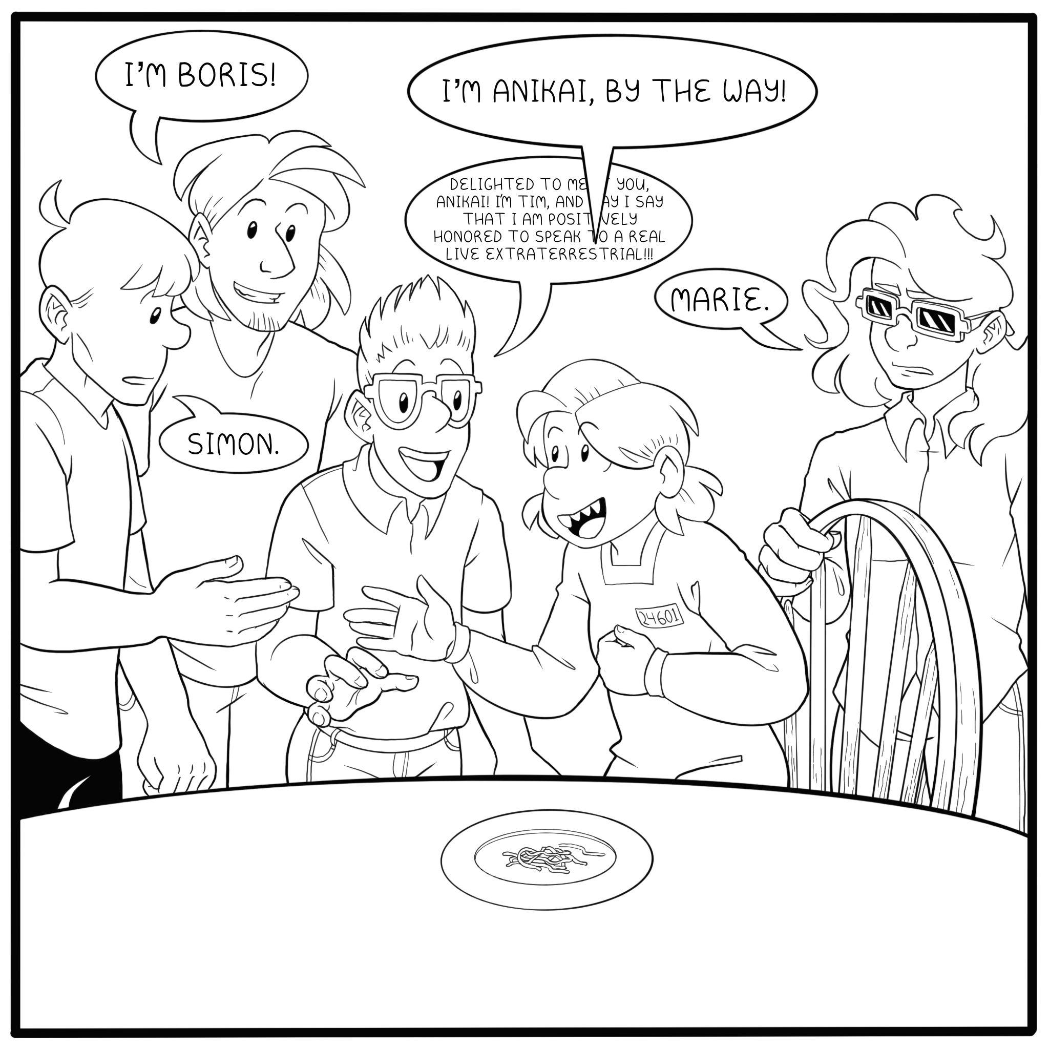 Introductions are exchanged. We learn that Simon's other friends are named Boris and Tim.