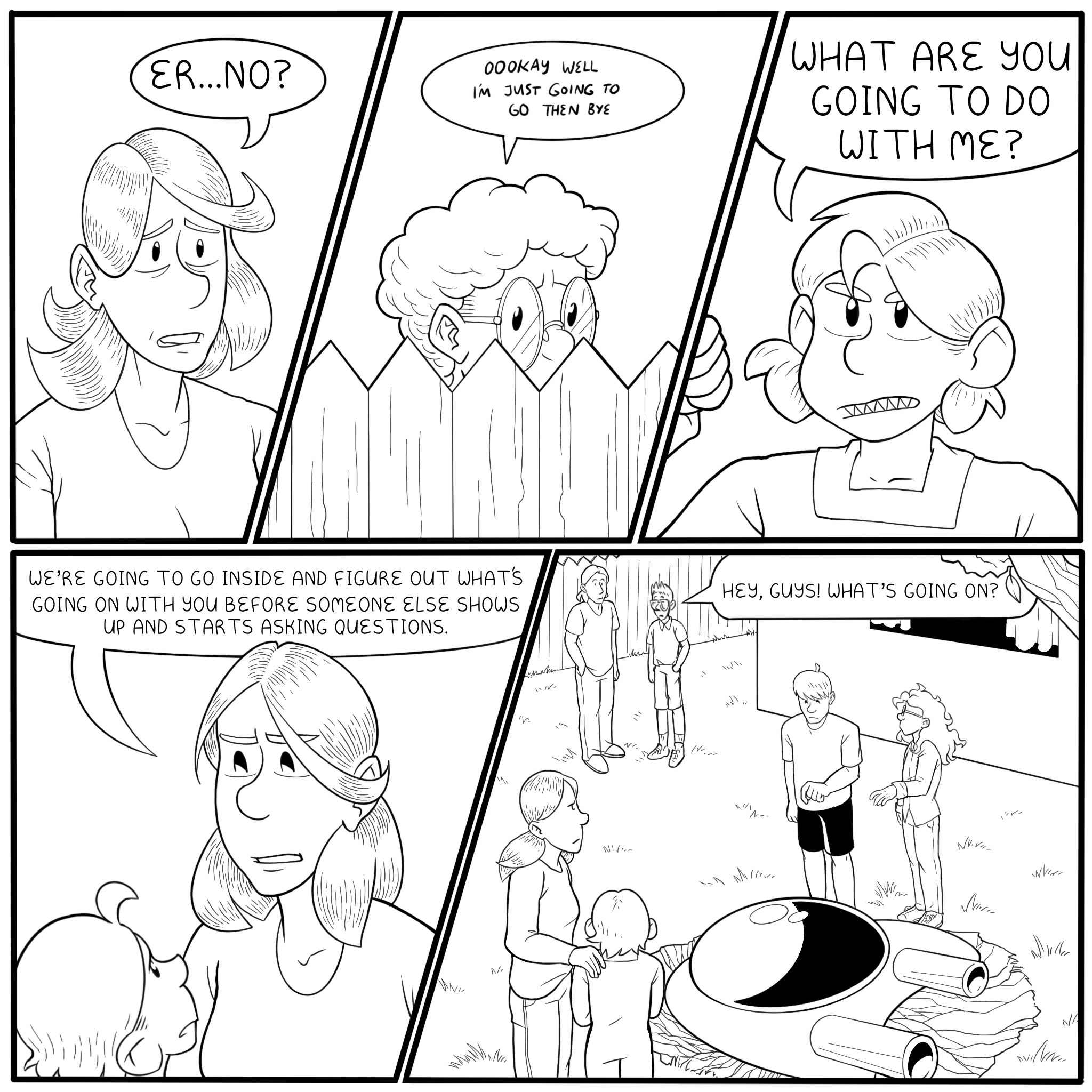 As the elderly neighbor excuses herself, two more friends of Simon arrive.