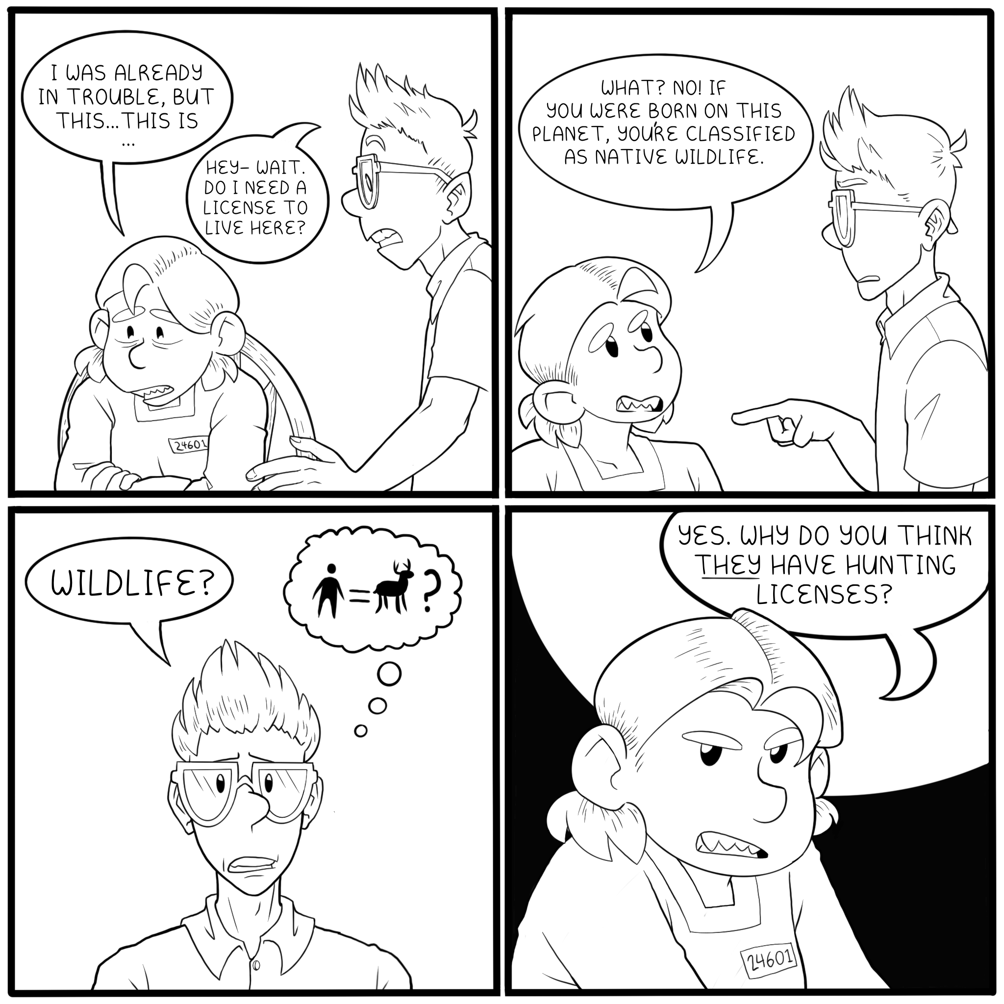 Anikai explains that humans do not need permission to live on Earth because they are classified as native wildlife. She implies that they may be hunted for sport.