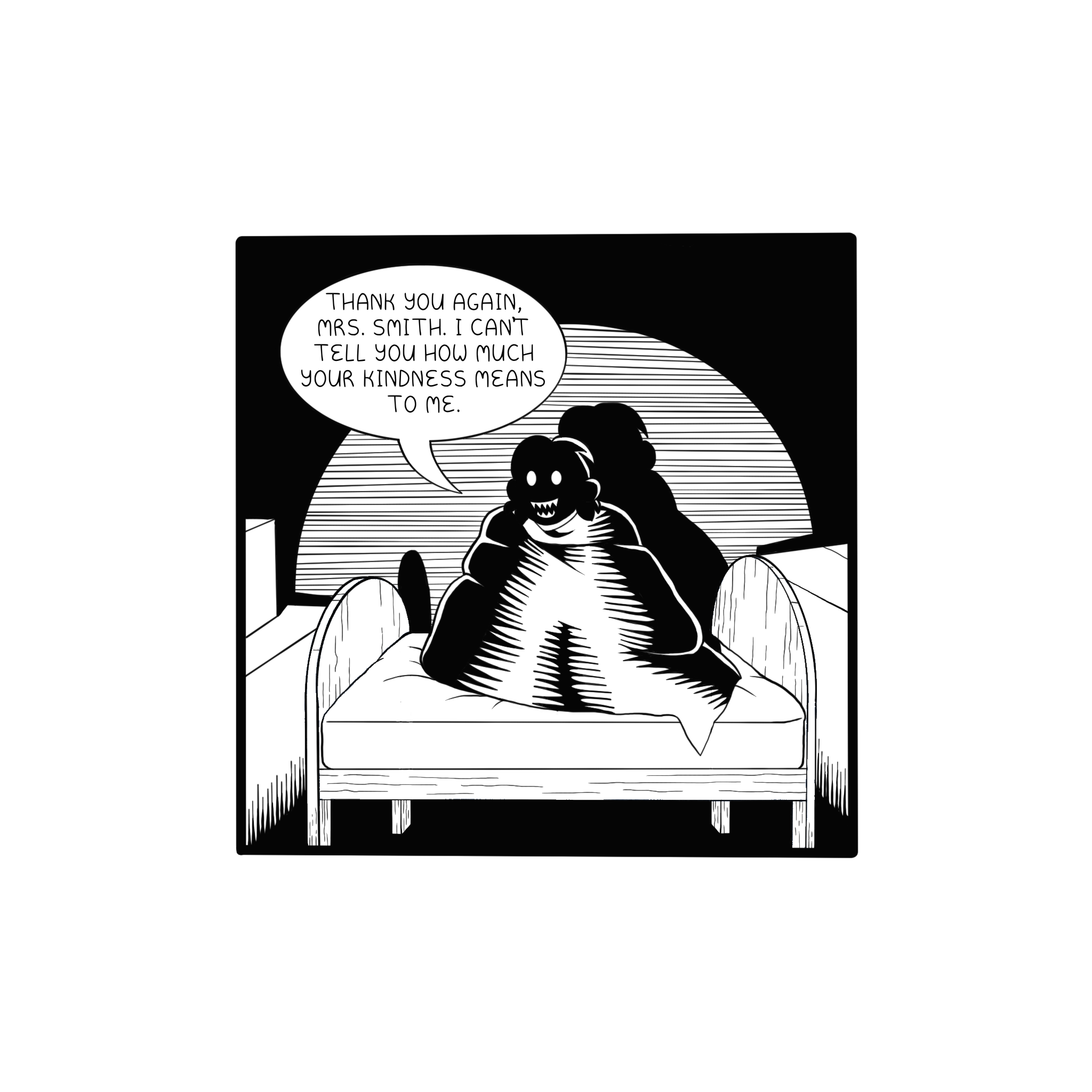 Anikai thanks Simon's mother while lurking ominously in the attic. She is wrapped in a blanket and the light is refleced by her eyes. She looks a bit creepy.