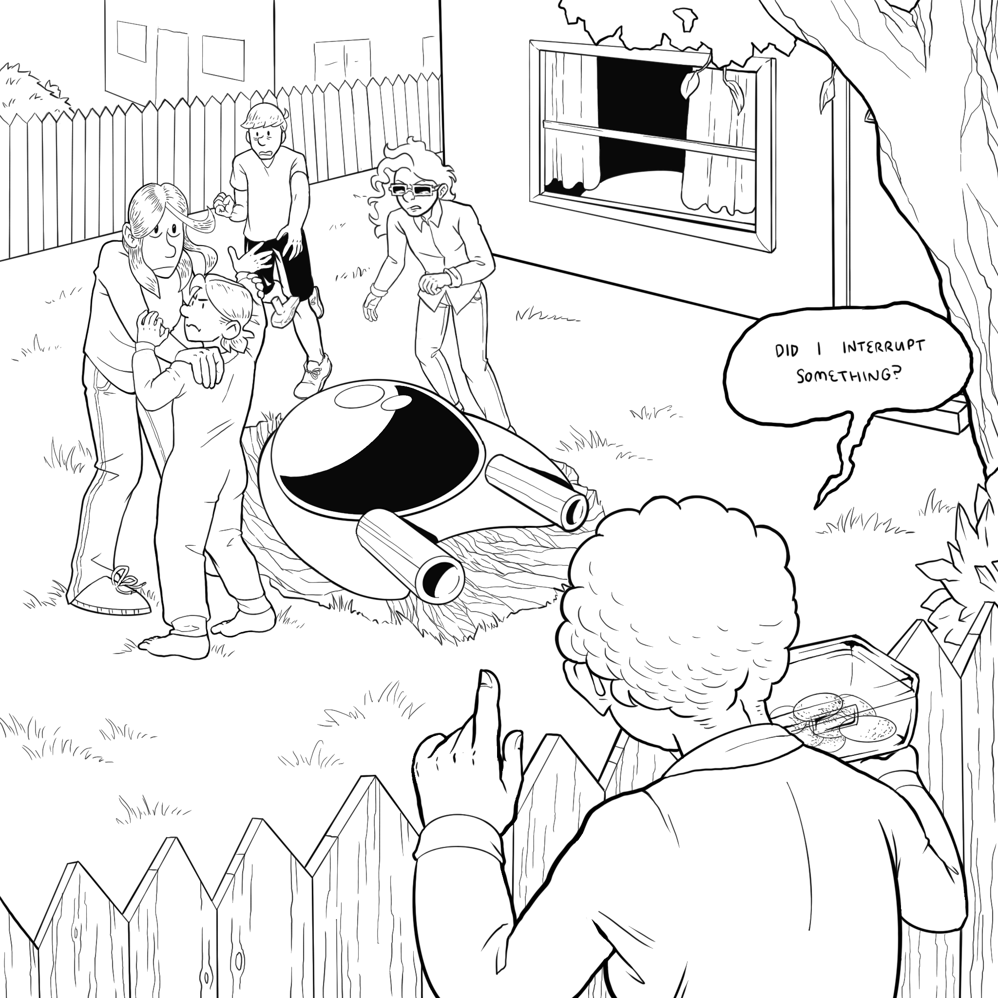 Everyone pauses for a moment to consider the awkwardness of the situation. Anikai drops her weapon.