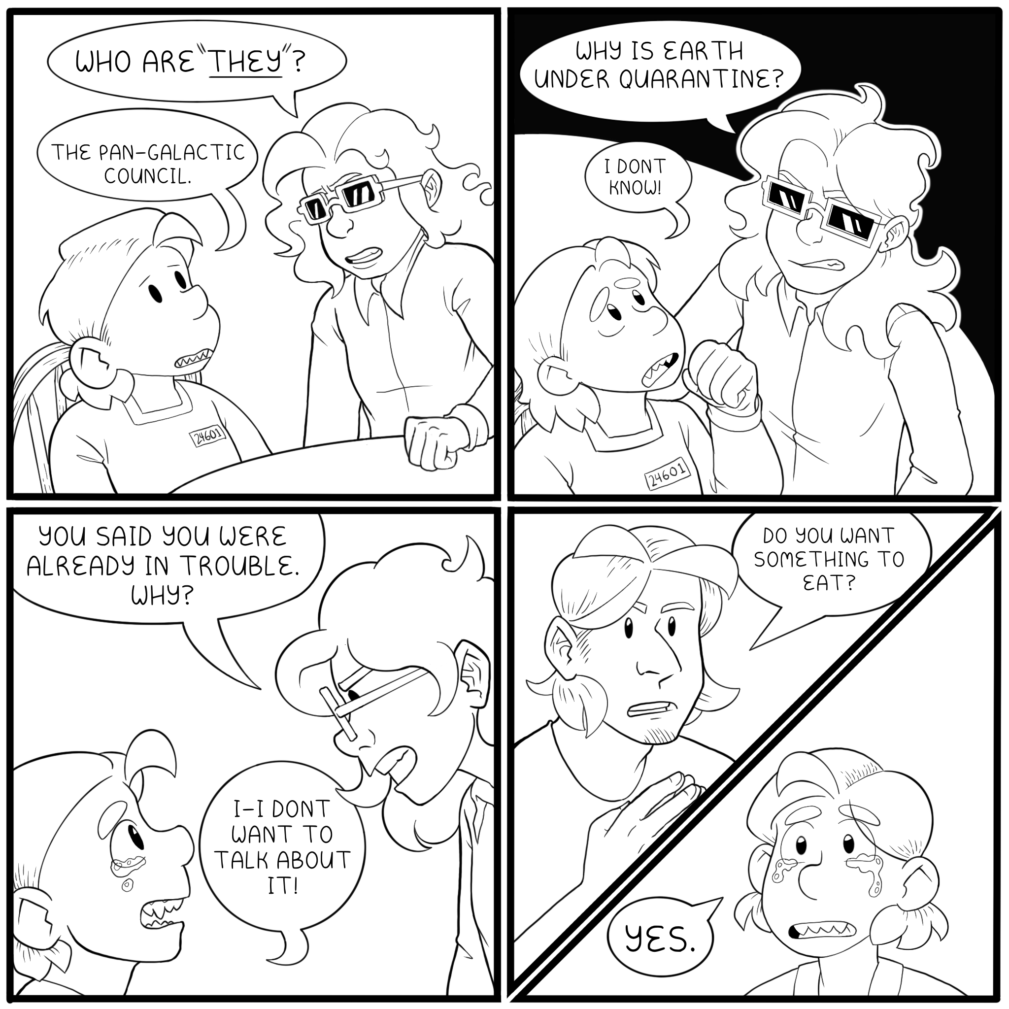 Marie asks Anikai why the pan-galactic council has placed Earth under quarantine. Anikai does now know. Marie asks Anikai why she is in trouble. Anikai becomes distraught and does not answer.