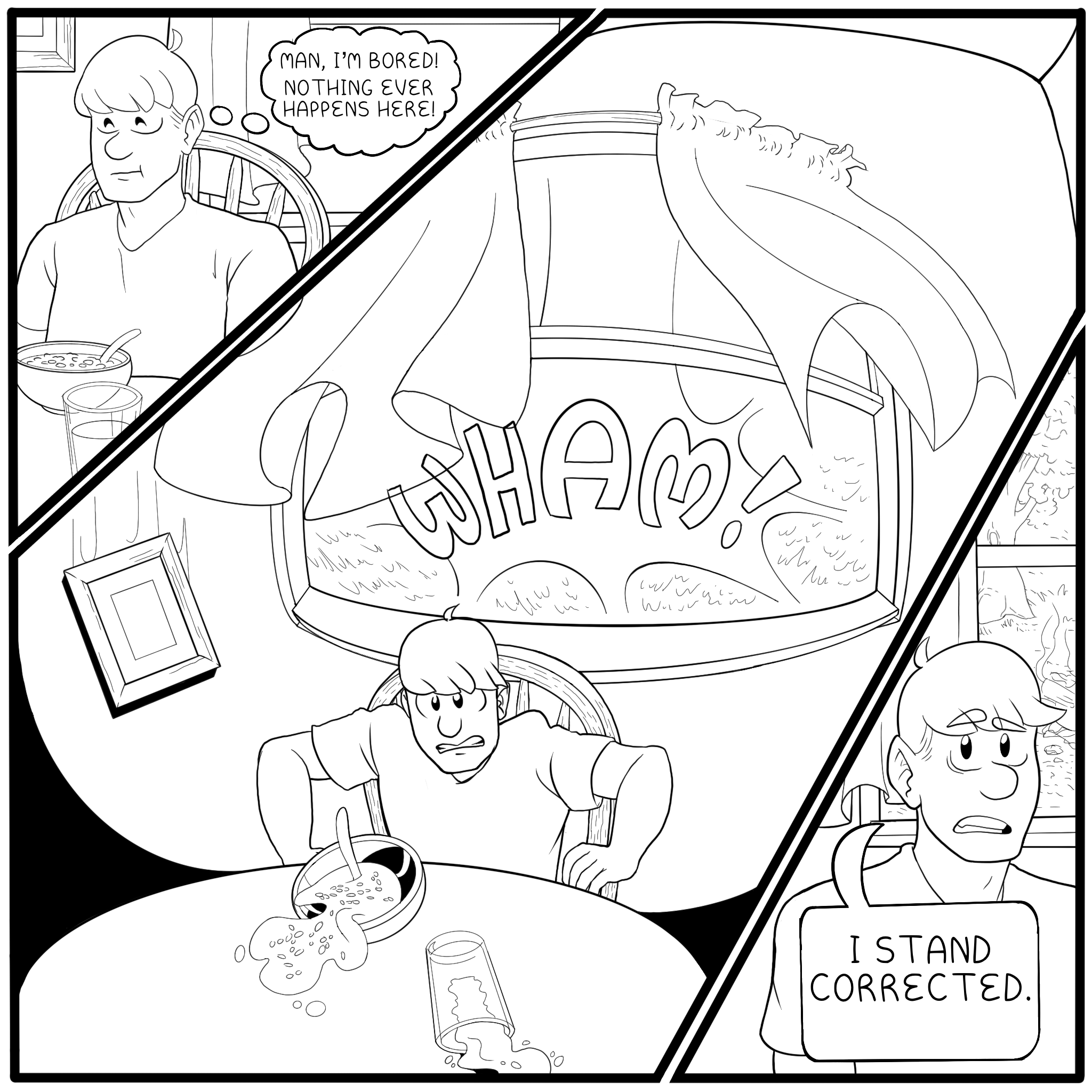 Chapter 1, Page 1: Simon is startled by something crash-landing in his backyard