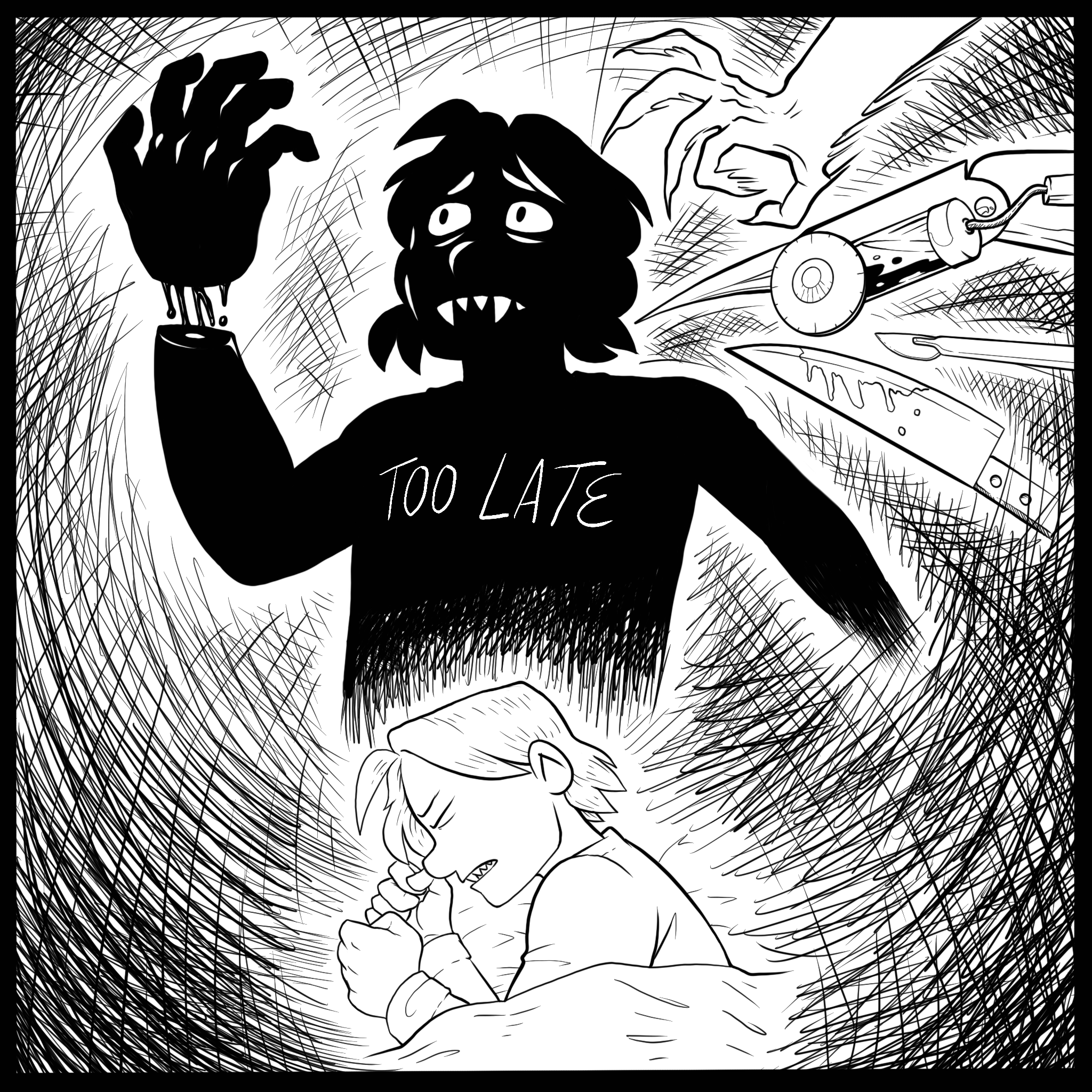 At the bottom of the frame, current Anikai is beginning to wake up. Hovering over her head, we see a more recent version of her watching her own hand detatch while she is pursued by knives, scalpels, and a sinister hand. The words "too late" are written across her chest.